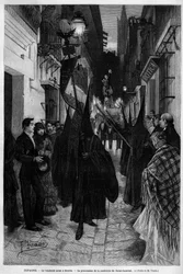 Procesión de la cofradía de San Lorenzo en Sevilla (España) el Viernes Santo. Grabado en 