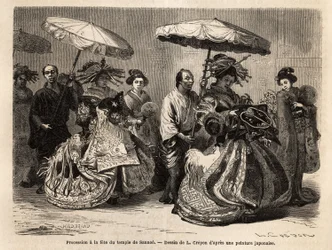 Procesión a la Fiesta del Templo Sannoo, dedicada a la memoria de Zinmou, fundador del imperio del Gran Japón, ubicado en Yedo (o Edo, actual Tokio), que tiene lugar el 15º día del 6º mes del año. La procesión es pele mele representada