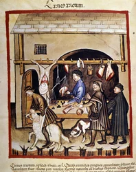Producción y venta (carnicero) de carne de oveja. Una oveja es sacrificada. Iluminación del “Tacuinum sanitatis”.