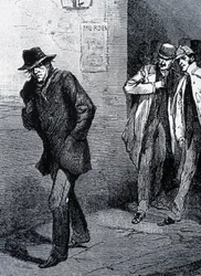Atmósfera de psicosis nocturna en las calles de Londres (a causa de los asesinatos de Jack el Destripador) - finales del siglo 19, c. 1888.
