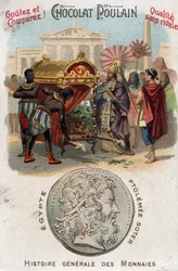 Ptolomeo I (360-283 a.C.) Soter (salvador) enterró a Alejandro Magno. En Historia General de las Monedas. Cromolitografía de chocolate de finales del siglo XIX. Colección privada.