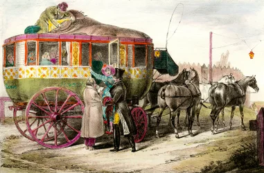 Transporte público: pasajeros entrando en la diligencia parisina