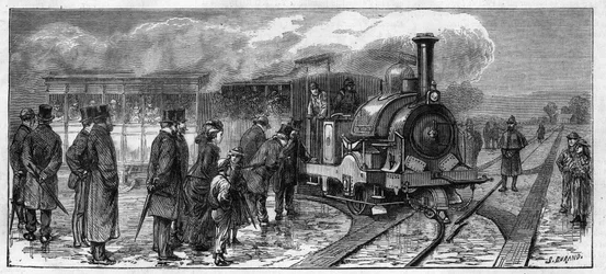 Transporte público: ómnibus a vapor para tranvías de Lisboa (sistema Larmanjat). Portugal