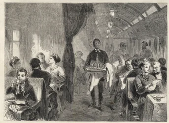 Vagón comedor Pullman del Ferrocarril del Pacífico en 1869 - interior de un vagón hotel en el Ferrocarril del Pacífico