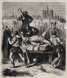 Castigo de François Ravaillac (1578-1610), asesino del rey Enrique IV (1553-1610), en la Place de Grève de París en 1610 - Grabado de 1879 en «Histoire des sociétés secrètes, politiques et religieuses» de Pierre Zaccone (1817-1895)