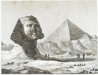 Pirámides de Guiza: vista de la Esfinge y de la Gran Pirámide, tomada desde el sureste - en Descripción de Egipto, Ediciones imperiales