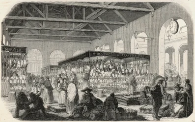 Quai des Augustins: Marché de la Vallée - Grabado en “Tableau-de-Paris” de Edmond Texier