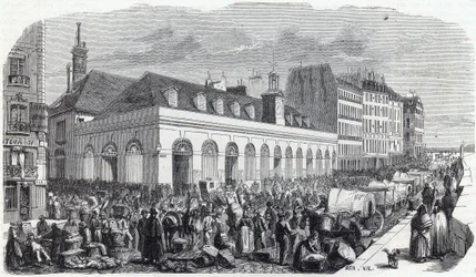 Quai des Augustins: Marché de la Vallée - Grabado en “Tableau-de-Paris” de Edmond Texier