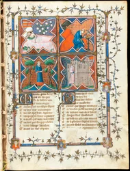 ""Cuatro hombres ocupados en diferentes actividades"" página iluminada del manuscrito ""Le Roman de la Rose"" de Guillaume de Lorris (alrededor de 1200-1238) y Jean de Meun (Meung) (1240-1305) alrededor de 1353 Suiza, Biblioteca de Ginebra