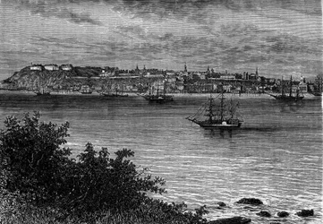 Ciudad de Quebec, Canadá, desde la orilla derecha del río San Lorenzo. Grabado en "Le Journal de la jeunesse".