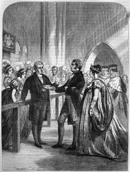 La Reina Carolina (Carolina de Brunswick-Wolfenbutte) rechazada de la puerta de la Abadía de Westminster 1820 (grabado)