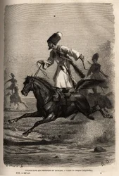 Carrera de cosacos, subidos en equilibrio sobre sus sillas, los jinetes azotan a sus caballos para hacerlos galopar. Grabado para ilustrar el viaje en las provincias del Cáucaso, por Basile Vereschaguine, en 1864-1865, publicado en “Le tour du monde, nouve