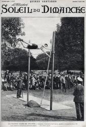 Club de carreras de Francia. Sheldon, campeón de Francia, salta 2,95 m en salto con pértiga. Grabado en "Le sun-du-dimanche", 2 de julio