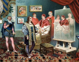 Rafael (Raffaello Sanzio) trabajando en el retrato del Papa León X (Leone 10) rodeado de los Cardenales Julio de Médicis (Giulio) (Papa Clemente VII)