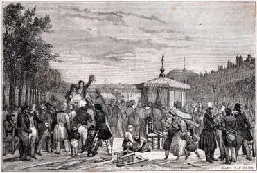 Lectura de las prescripciones en el Moniteur, en el jardín del Palacio Real, el 26 de julio de 1830 a las 7 de la tarde
