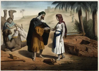 Rebeca y Eliezer en el pozo: Eliezer de Damasco, encargado de encontrar una esposa para Isaac en Mesopotamia, trae de vuelta a Rebeca. Grabado anónimo del siglo XIX