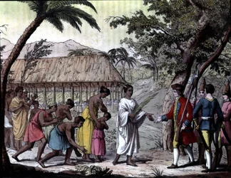 Recepción del navegante Samuel Wallis por la Reina Oberea en Tahití. “Navegaciones de Cook”, Milán