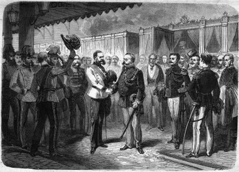 Recepción del Rey de Italia Vittorio Emanuele II (Victor Emmanuel) (1820-1878) por el Emperador de Austria Francisco José I (1830-1916) en Viena en 1873. Grabado en "El Universo Ilustre".
