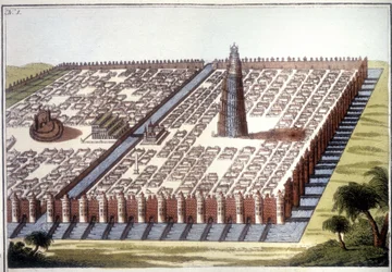 Vista reconstruida de la antigua ciudad de Babilonia, con el recinto, los jardines colgantes y el zigurat.