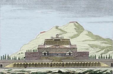 Reconstrucción del templo de Fortuna en Palestrina, Italia. Grabado del siglo XIX.