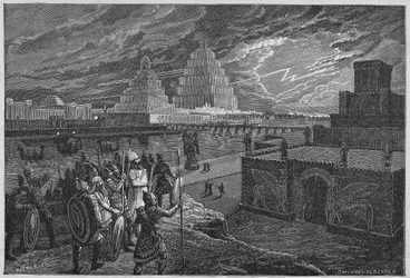 Reconstrucción de los templos y palacios a lo largo del río de Babilonia - Mesopotamia: reconstrucción de la ciudad de Babilonia, construida bajo el reinado del rey Nabucodonosor II