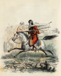 Jinetes rojos del Emir Abd-el-Kader perseguidos por cazadores a caballo del ejército francés en Orán en 1841, en “L