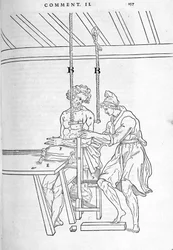 Reducción de fracturas. Placa ilustrada de “De dissectione partium corporis humani lbri tres...” por Carlo Stefano Riverio, París 1545