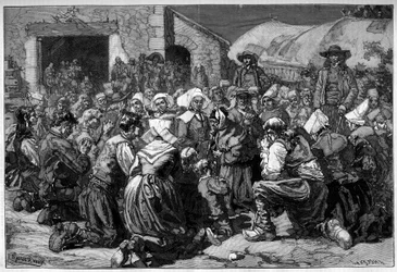 Costumbre regional de Francia, matrimonio bretón: mendigos rezando por los esposos. Grabado en “Le Monde Illustré”.