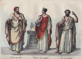 Religión en la antigua Roma - Sacerdote romano - Regina sacrorum - Rex Sacrorum (rex sacrificulus) - grabado de «Usi e costumi di tutti i popoli dell