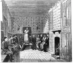 Reunión religiosa de los shakers americanos. Grabado del siglo XIX