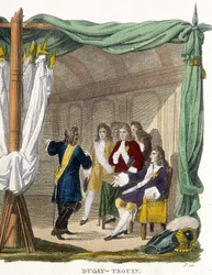 René Duguay Trouin (Duguay-Trouin) (René Trouin du Gué dicho) (1673-1736) ante el rey Luis XIV (1638-1715). Grabado del siglo XIX.