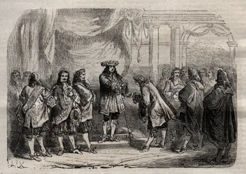 René Duguay Trouin (Duguay-Trouin) (René Trouin du Gué dit) (1673-1736) recibiendo la cruz de San Luis de manos del rey Luis XIV - grabado en Dictionnaire populaire illustrious - 1864 - por Joseph Decembre y Edmond Allonier