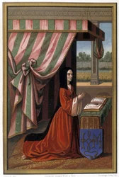 Representación de Ana de Francia, conocida como Ana de Beaujeu (1461-1522), en oración. Es hija de Luis XI y Carlota de Saboya. Cromolitografía a partir de una miniatura.