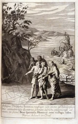 Representación de Aristipo de Cirene (435-356 a.C.) filósofo griego discípulo de Sócrates, después del naufragio que lo arrojó a la costa de Rodas, descubre trazos geométricos en la arena. Grabado del Libro XV de los "Elementos" de Euclides. 1591
