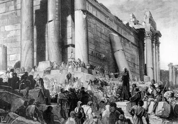 Representación de Arnaud de Brescia (Arnaldo da Brescia) (1090 - 1155), reformador político y religioso italiano, durante la predicación. En 1145, predicó en Roma la revuelta contra el Papa Eugenio III, quien fue expulsado y buscó restaurar la República Ro