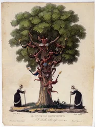 Representación del nogal de Benevento, brujas y demonios de la leyenda que inspiró el ballet “Il noce di Benevento” del compositor austríaco Franz Xaver Sussmayr (1766-1803). Ilustración del siglo XIX