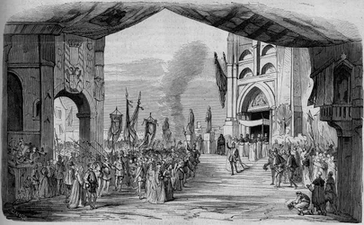 Representación de Don Carlo (Don Carlos) Ópera en 5 actos de Giuseppe Verdi en la Ópera de París el 11 de marzo de 1867. El auto de fe, 3er acto, decorado de Cambon y Thierry. Grabado de 1867.