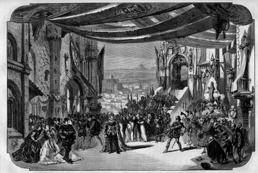 Representación de Don Carlo (Don Carlos) Ópera en 5 actos de Giuseppe Verdi en la Ópera de París el 11 de marzo de 1867. En el dibujo de Neuville el tercer acto, cuarto cuadro, escena IX.
