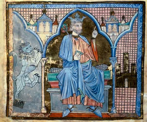 Representación del Rey Fernando III de Castilla o San Fernando (1199-1252). Miniatura tomada del manuscrito “Índice de privilegios reales” fol. 66 v. Siglo XIII Santiago de Compostela (Santiago de Compostela), archivo de la