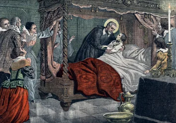 Representación de San Felipe de Neri (Filippo Neri) (1515-1595), fundador de la Congregación del Oratorio resucitó al joven Paolo Massimo en 1583 en la capilla del Palacio Massimo alle Column, Roma (Paolo Massimo de 14 años, hijo de Fabrizio Massimo,