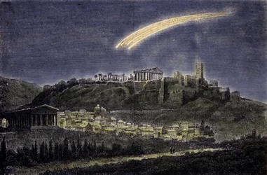 Representación de un cometa sobre la ciudad de Atenas en 1878