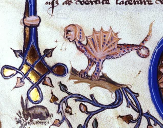 Representación de un animal fantástico mitad hombre mitad dragón. Miniatura de un manuscrito del siglo XIV