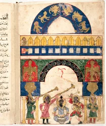 Representación de una clepsidra de agua (reloj) diseñada por el ingeniero turco Ibn al-Rajjaj al-Jazari (Al Rajjaj Al Jazari) (1136-1206) y un calendario. Se distingue el círculo del zodiaco, el Sol, la Luna