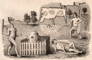 Representación de tribus medievales y especies animales: hombres con orejas largas, uno dormido, y una quimera con una maza