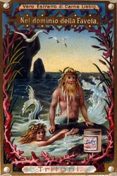 Representación de tritones, criaturas legendarias mitad hombre mitad pez. Cromolitografía del siglo XIX