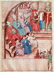 Representación del Concilio de Constanza entre 1414 y 1418, en la parte superior el Papa Martín V Miniatura tomada de “Crónicas del Concilio de Constanza” por Ulrich Richental (1360-1437) aproximadamente 1438 Praga, Nati
