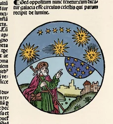 Representación del filósofo griego Aristóteles (384-322 a.C.) indicando las estrellas. Grabado del tratado de física “Textus abbreviatus Aristotelis super octo liris Phisicorum & tota naturalis philosophia” de Thomas Bricot (d. 1516). 1496