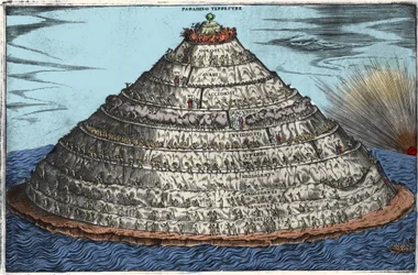 Representación del Purgatorio según la Divina Comedia de Dante Alighieri (1265-1321): el Paraíso terrenal está en la parte superior. Grabado anónimo del siglo XVII