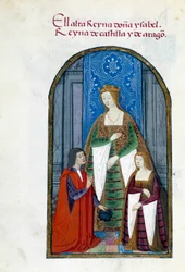 Representación de la Reina de España Isabel la Católica (1451-1504), su hija Juana I la Loca (1479-1555) y Pedro Marcuello. Página de manuscrito tomada de la "Colección de devoción de la Reina Juana la Loca (1479-1555) de España" por Pedro Mar