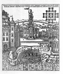 Representación de las Siete Maravillas de la Antigüedad: el Mausoleo de Halicarnaso que se encontraba en el Mar Egeo en el suroeste de Turquía. Grabado en “De Architectura” de Vitruvio (siglo I a.C.) - edición de Gottardo da Ponte, Como